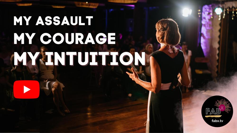Carole Favre on stage at FabX, keynote titled My assault, my courage, my intuition