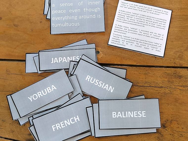 Language cards used in a workshop on untranslatable words